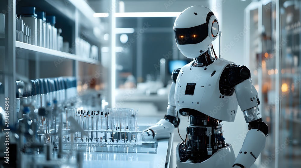 Poster a humanoid robot working in a laboratory setting