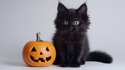 Long-haired black kitten with Halloween pumpkin on a white background