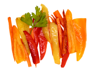 Fried or baked vegetables. Top view. Multi-colored chopped peppers, carrots, onions and parsley. Isolate on a transparent background.