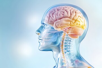 Illustration of a human head with visible brain anatomy, blue background.