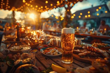 A wooden table set with plates of food and glasses of beer, perfect for a casual gathering or outdoor event