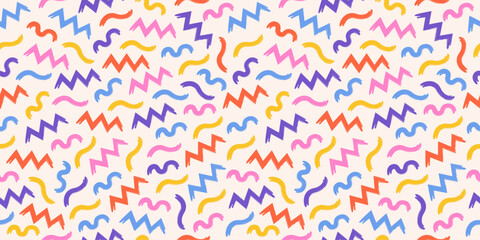 Abstract memphis pattern with playful squiggles and zigzag lines on a light background. Wavy and swirled brush strokes.The simple and childish scribble pattern makes it a playful and whimsical design.