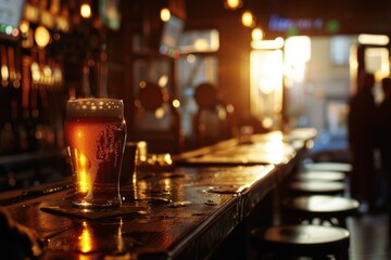 A glass of beer sits atop a bar, ready to be enjoyed