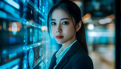 AI facial recognition system in action, featuring icons and graphs displaying data analysis of the face scan process.