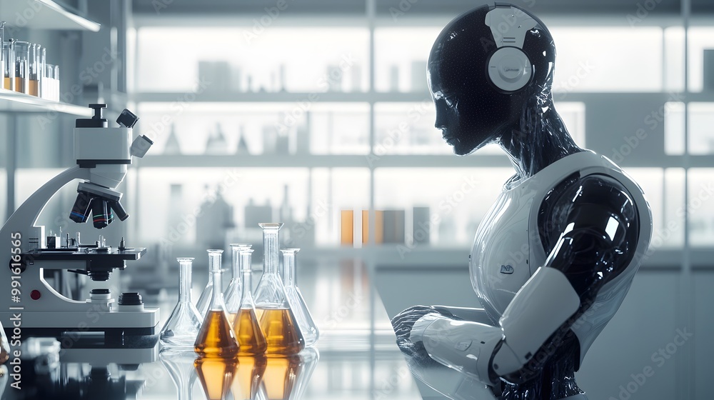 Poster a humanoid robot in a laboratory setting with a microscope and flasks