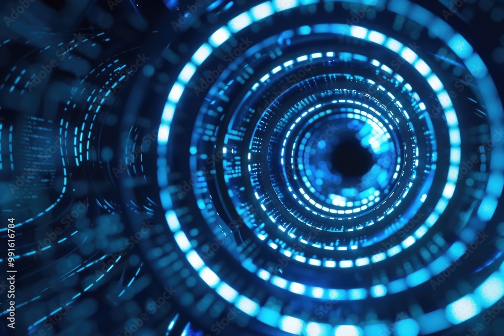 Poster a close-up shot of a circular object with bright blue lights