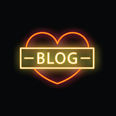 Glowing neon sign of a heart shape with the word blog inside, for social media marketing and content creation