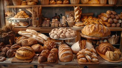 A rustic bakery counter overflowing with freshly baked bread, rolls, and pastries.