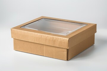 A brown box with a clear lid sitting on a white surface, ideal for use in e-commerce, packaging design or product photography