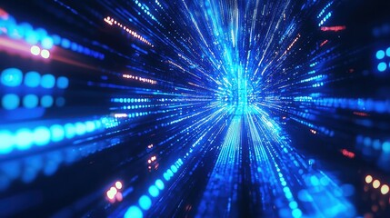 Naklejka premium A dynamic holographic background with vibrant blue light beams intersecting over a tech-driven digital landscape.