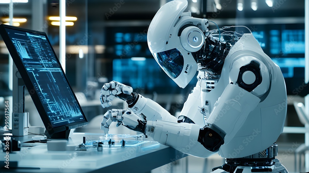 Poster white humanoid robot working on a computer in a futuristic lab