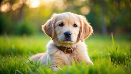 Adorable Golden Retriever Puppy in Leather Collar Relaxing in Grass Field Outdoors