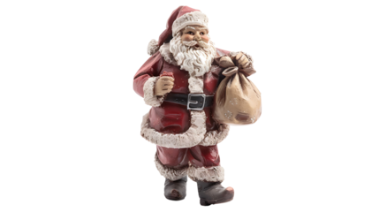 Santa Claus figurine holding a gift bag, isolated on a white background
