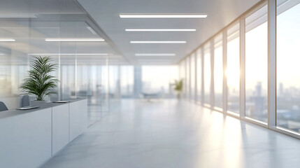 Fototapeta premium Light blurred background. The hall of an office or medical institution, Sunlit modern office space.