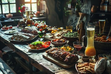 Fototapeta premium A wooden table laden with various food and drink items, ideal for parties or gatherings