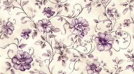 Vintage floral pattern with purple flowers and vines on cream background.