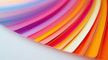 Obraz premium Close-up of Pantone color swatches fanned out on a white surface, highlighting bold, bright colors and smooth gradient transitions