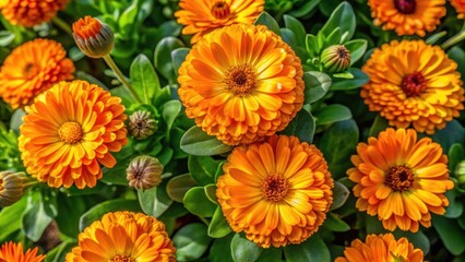 Top down view of blooming garden marigold calendula officinalis flowers in full bloom with vibrant colors and lush greenery on sunny day