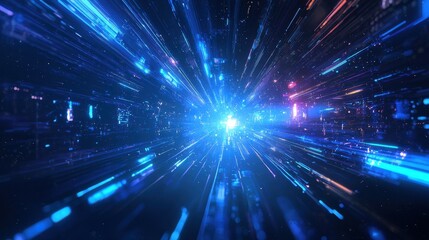 Obraz premium A futuristic holographic background with vibrant blue light beams and modern tech symbols glowing in a digital landscape.