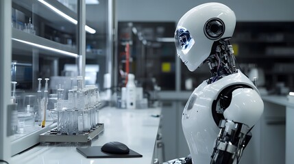 Fototapeta premium A White Robot Working in a Laboratory Setting