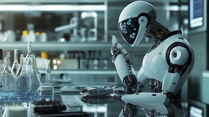 Fototapeta premium A White Robotic Figure Working at a Desk in a Laboratory