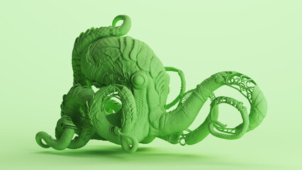 Green kraken nautilus cthulhu type sculpture tentacles monochrome pale mint green background quarter right view 3d illustration render digital rendering	
