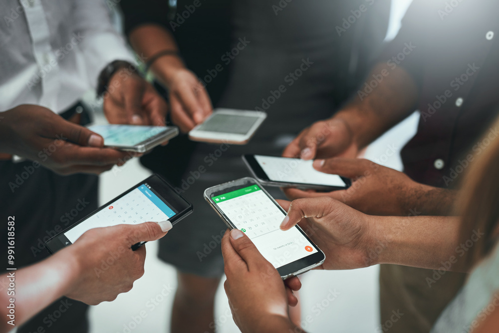 Aufkleber hands, business people and group with phone in circle for networking, social or communication. close