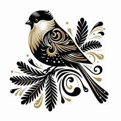 Obraz premium Beautifully decorated Christmas titbird on a spruce branch, New Year, winter theme, black and beige vector, elegant style, with curls and patterns, isolated on a white background