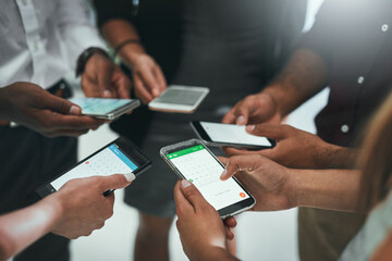 Hands, business people and group with phone in circle for networking, social or communication....