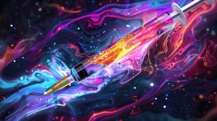 A Mpox vaccine depicted as a glowing elixir, with the liquid swirling in vibrant colors, symbolizing hope and healing in a syringe
