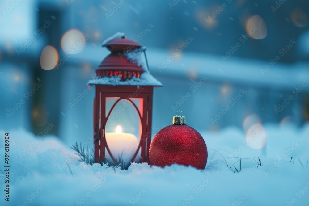 Canvas Prints A red lantern sits in the snow next to a red Christmas ornament, perfect for winter scenes or holiday decorations