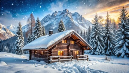 Naklejka premium Traditional Wooden Cabin in Bavarian Alps Covered in Snowflakes with Winter Lodge Shack Scenery, Rustic Mountain Hut Landscape, Snowy Alpine Retreat Background, Cozy Snow-Covered C