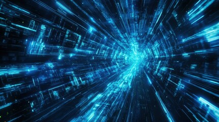 A futuristic holographic background with vibrant blue beams of light slicing through a digital grid of abstract tech patterns.