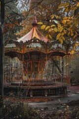 Obraz premium Colorful merry-go-round in a park setting with green grass and sunshine