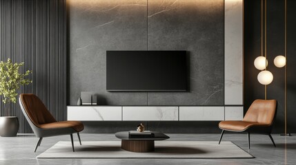 Modern Living Room Interior with Decorative Cabinet and Concrete Wall Background