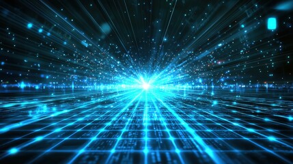 Obraz premium A futuristic holographic background with vibrant blue light beams intersecting over a grid of digital tech elements.