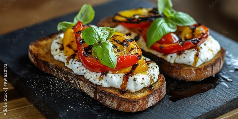 Canvas Prints Delicious grilled vegetable toast topped with creamy cheese and fresh basil. This photo showcases a vibrant dish served on a stylish slate plate. Perfect for food lovers. AI