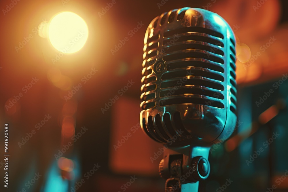 Poster A close-up shot of a microphone with a light in the background, suitable for use in music-related projects or as a design element
