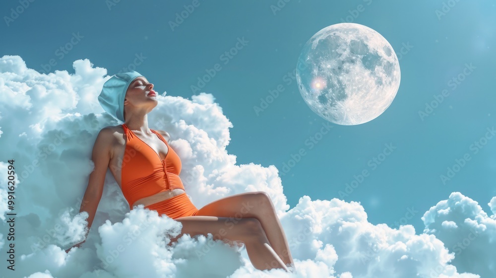 Wall mural A woman sits peacefully on a fluffy cloud, with a full moon shining brightly in the background