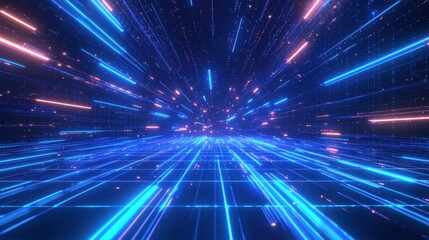 Fototapeta premium A modern holographic background with blue beams of light intersecting over a grid of abstract tech elements in motion.
