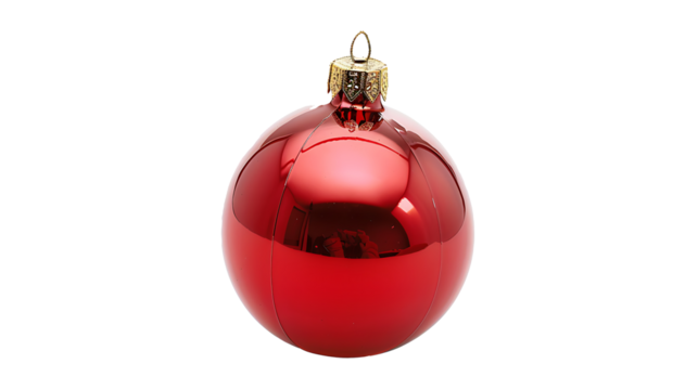 Shiny red Christmas bauble with a gold string, isolated on a white background