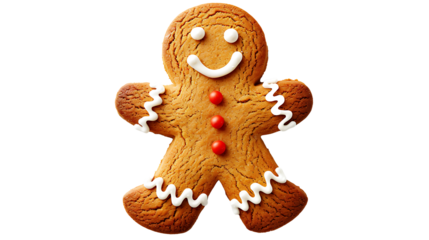 Gingerbread man cookie decorated with icing and buttons, isolated on a white background