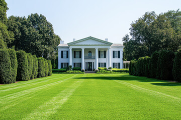 A large white house with a green hedge in front of it