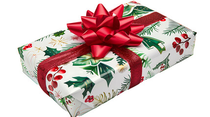 Wrapped Christmas gift with a large red bow and festive wrapping paper, isolated on a white background