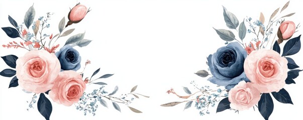 Elegant floral wedding card design featuring delicate pink and blue watercolor roses with green leaves on a white background