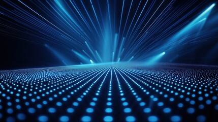 Obraz premium Abstract blue beams of light radiating from a holographic grid, capturing the futuristic energy of modern technology design.