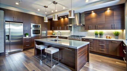 Stylish contemporary kitchen with sleek dark wood cabinetry and modern stainless steel appliances