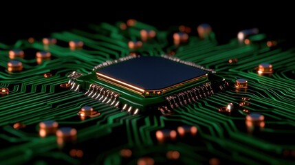 Obraz premium Close-up of a Microchip on a Green Circuit Board