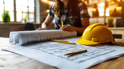 A modern architectural desk with scattered blueprints and drafting pencils, a yellow hard hat resting on the side, representing the creative process of drafting a new project.