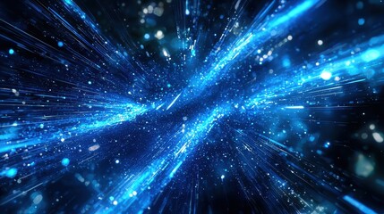 Fototapeta premium Abstract blue holographic beams of light crisscrossing through a dynamic digital space filled with futuristic technology elements.